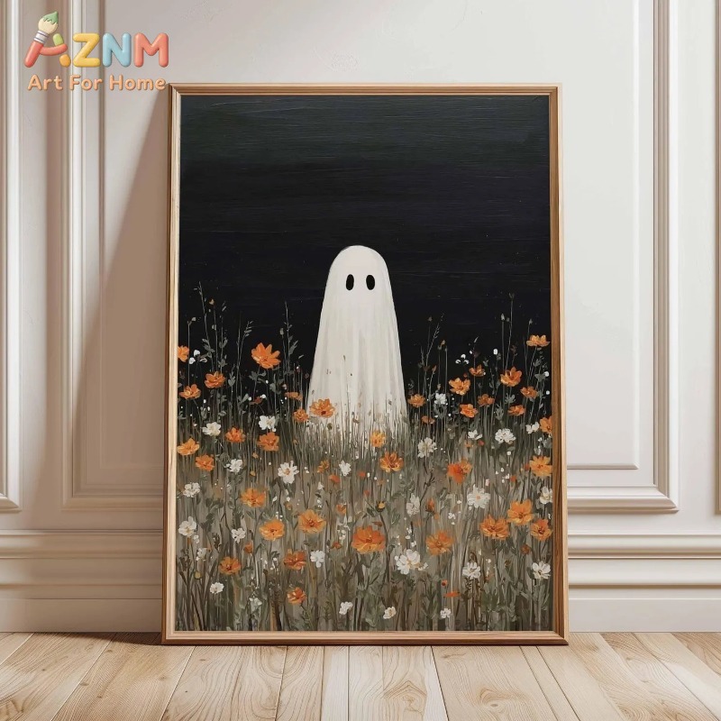 Home Decor Orange - Geist in Orangefarbener Wildblumenwiese, Halloween Leinwand-Poster