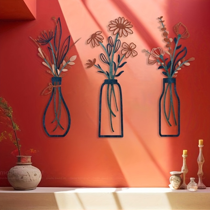 Home Decor Vase With Flowers - 3 große florale Wandkunst-Skulpturen – moderne