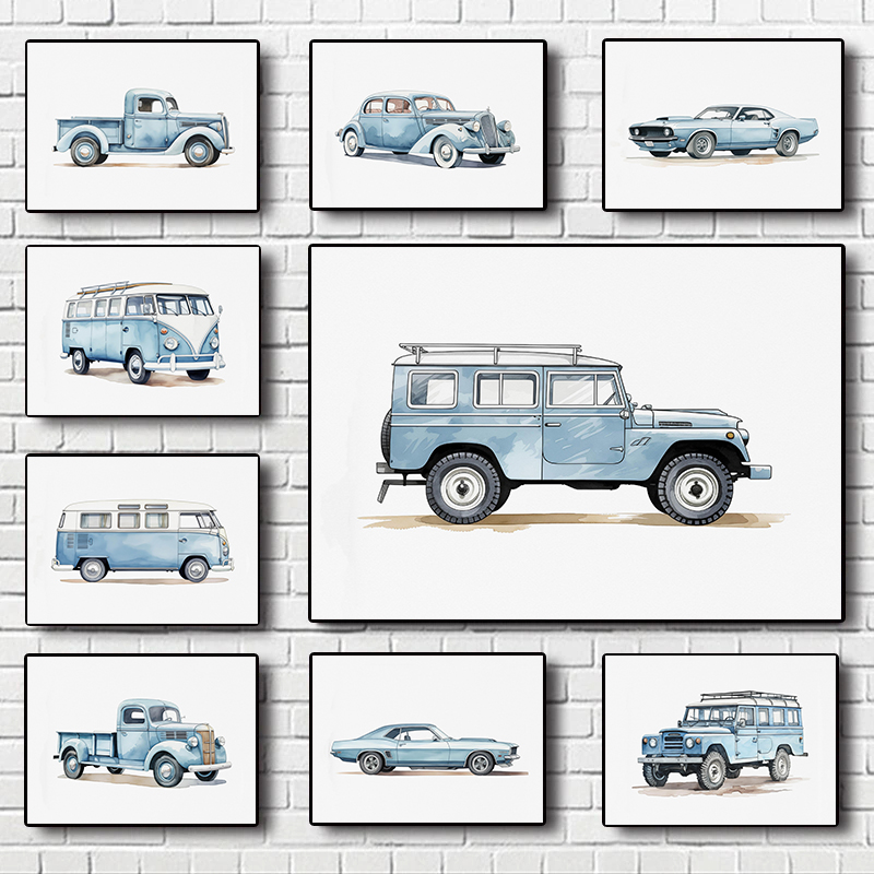 Watercolor Poster Print - Klassische hellblaue Auto Fahrzeug Aquarell Kunst