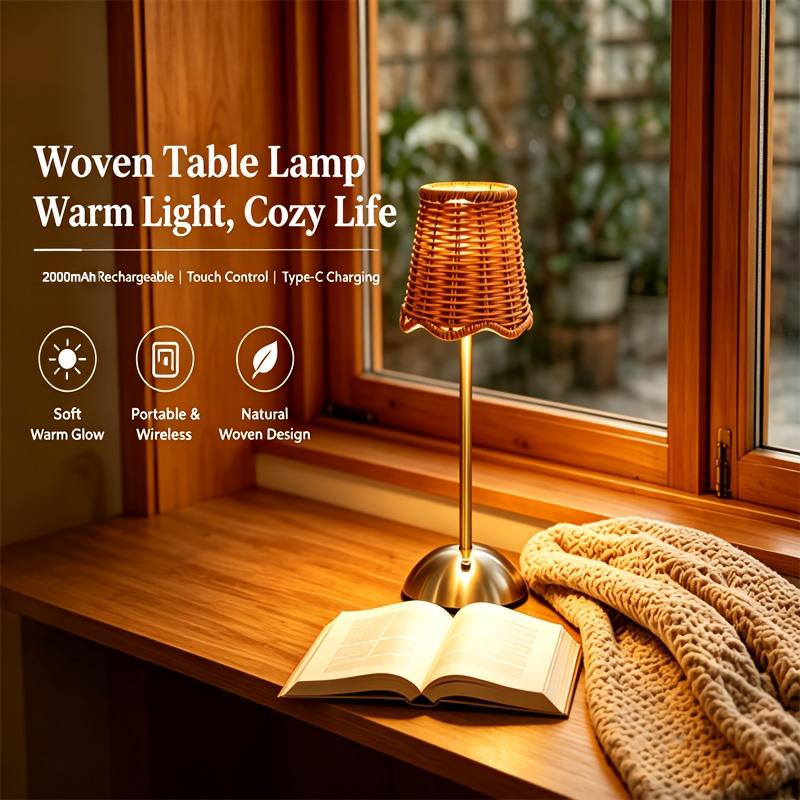 Home Decor Light - Böhmische Geflochtene Rattan-Kunst-Tischlampe, 3-stufig dimmbar, Touch-Steuerung,