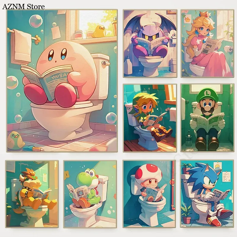 Watercolor Poster Print - Lustiges Badezimmer-Cartoon-Videospiel-Poster, niedliche animierte Charaktere, Toiletten-Leinwandgemälde,