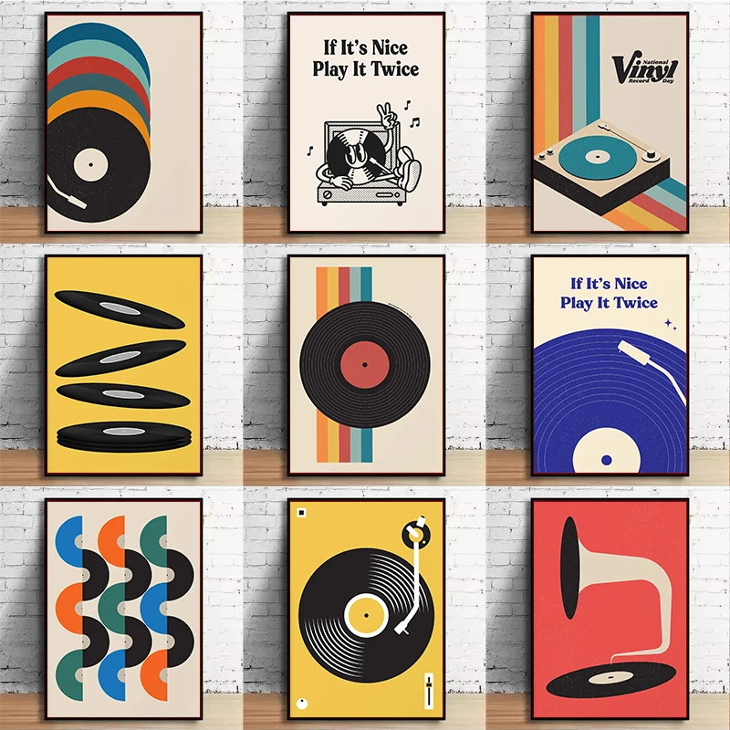 Home Decor Design Interior - Mid-Century Vinyl-Schallplatten-Leinwand-Wandkunstdruck, ungerahmtes minimalistisches Musik-Pastell-Poster für