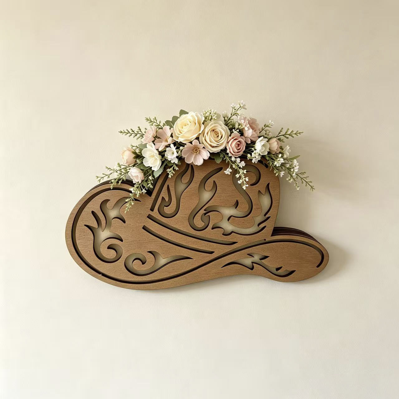 Home Decor Vase With Flowers - Western-Cowboyhut-Wanddekorationen aus Holz, hohle Holzschnitzerei-Wandvase, kreative