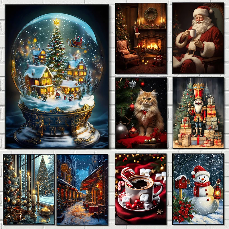 Watercolor Poster Print - Klassischer traditioneller Weihnachtsbaum, Weihnachtsmann, Weihnachtsgeschenk, Poster,