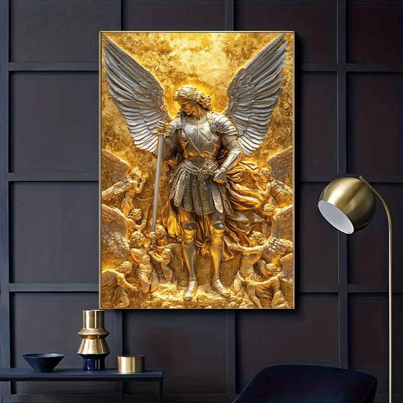 Home Decor Design Interior - Erzengel Michael Goldene Engel-Statue Wandkunst Leinwand-Poster