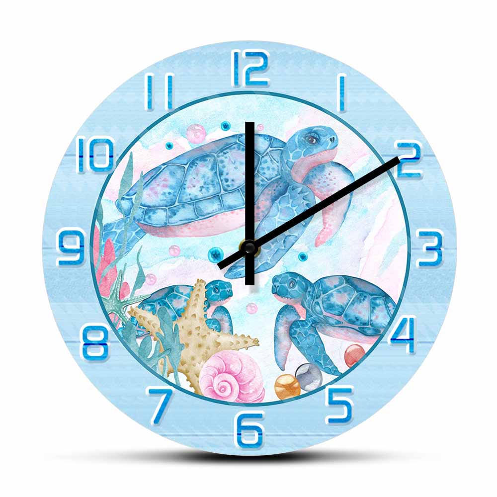 Home Decor Under 300 - Wanduhr mit Aquarell-Meeres-Schildkröten-Motiv für Kinderzimmer, Unterwasser-Ozean-Dekoration,
